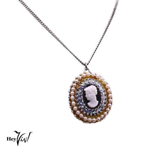 Vintage Cameo Necklace Black and White w Rhinestones Pearls 24" Chain - Hey Viv - Picture 1 of 5